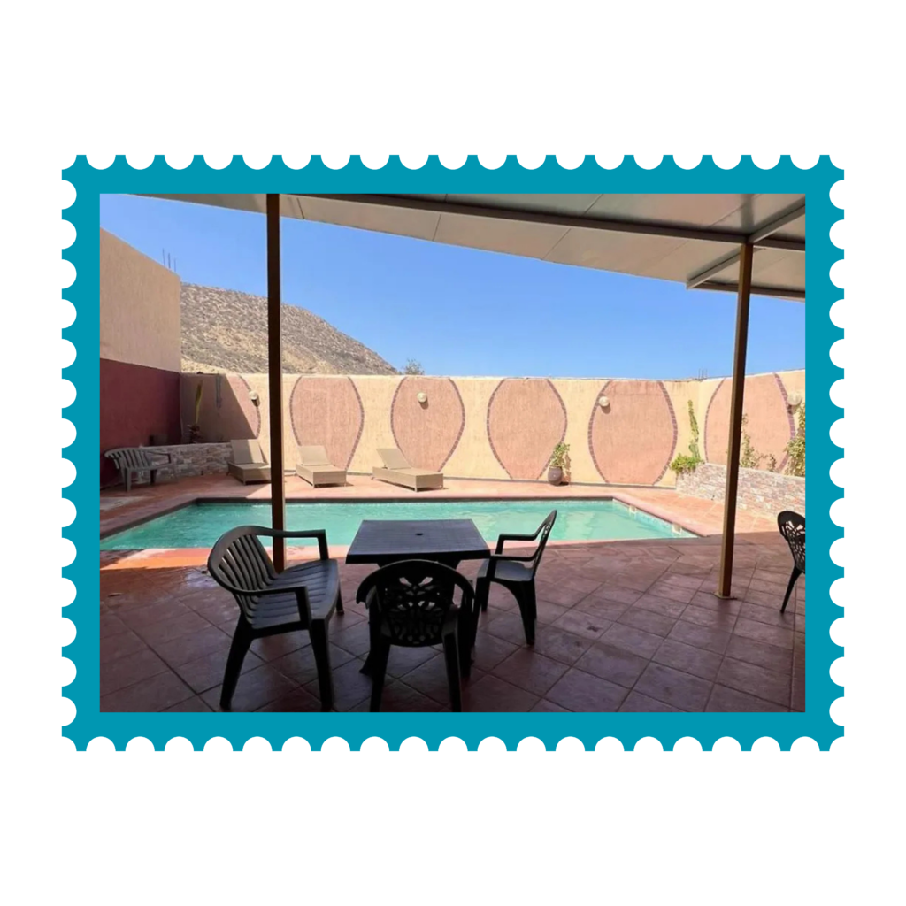 Poolside lounge area at MarySol SurfCamp, Tamri, Morocco